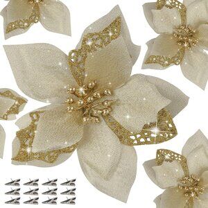 12 PCS Poinsettia Flower Artificial Poinsettia Christmas Decoration 5.9''‎ Gold